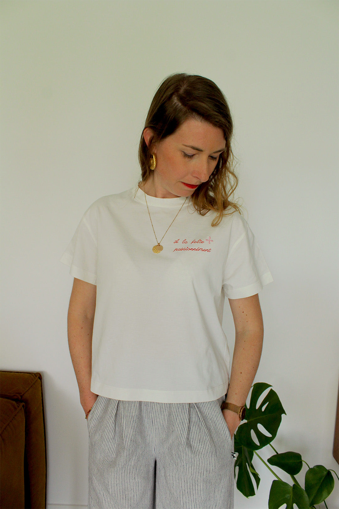 T-shirt femme coton blanc brodé