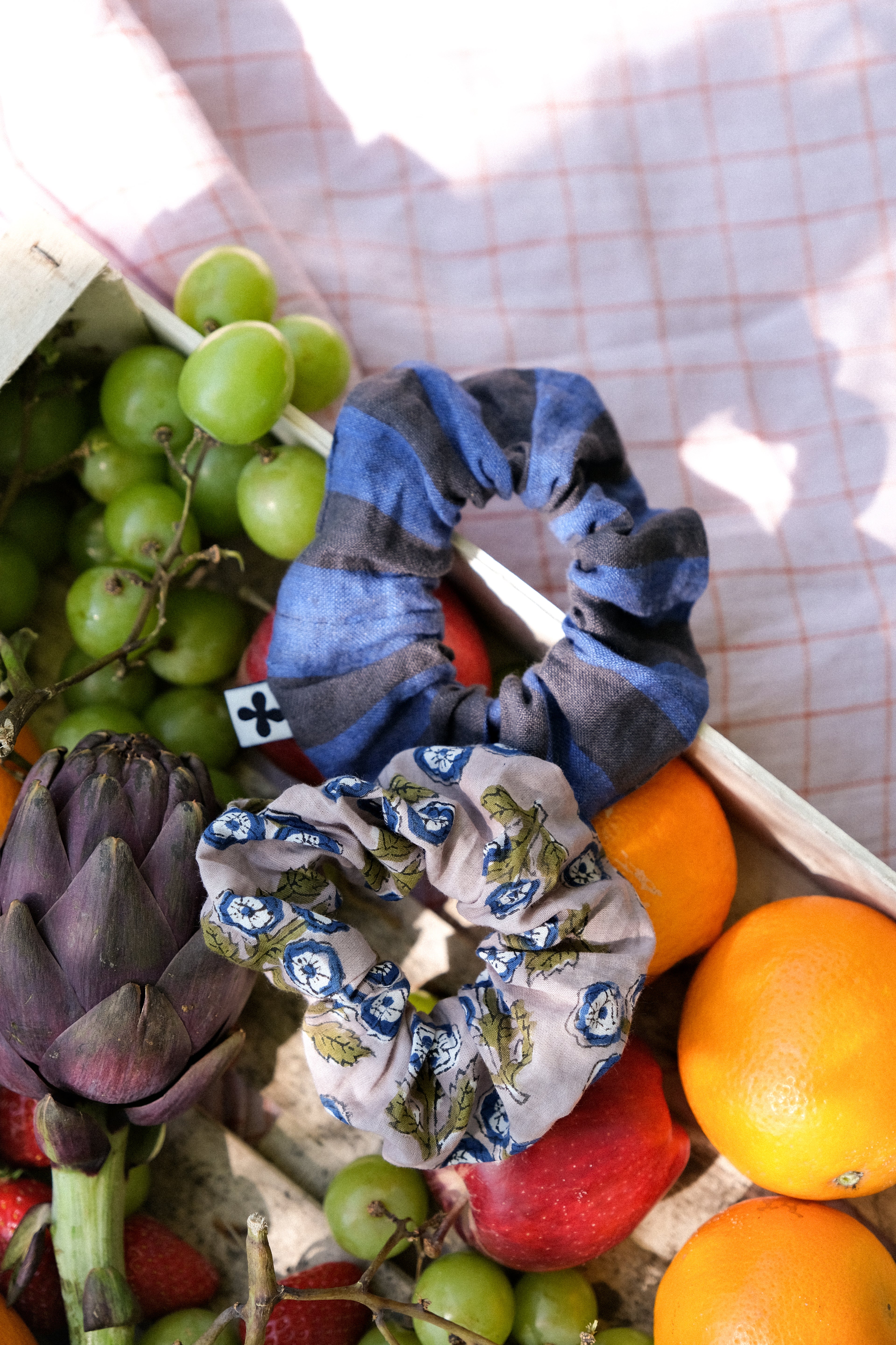 lot de 2 chouchous en lin et coton fleuri bleu et rayure