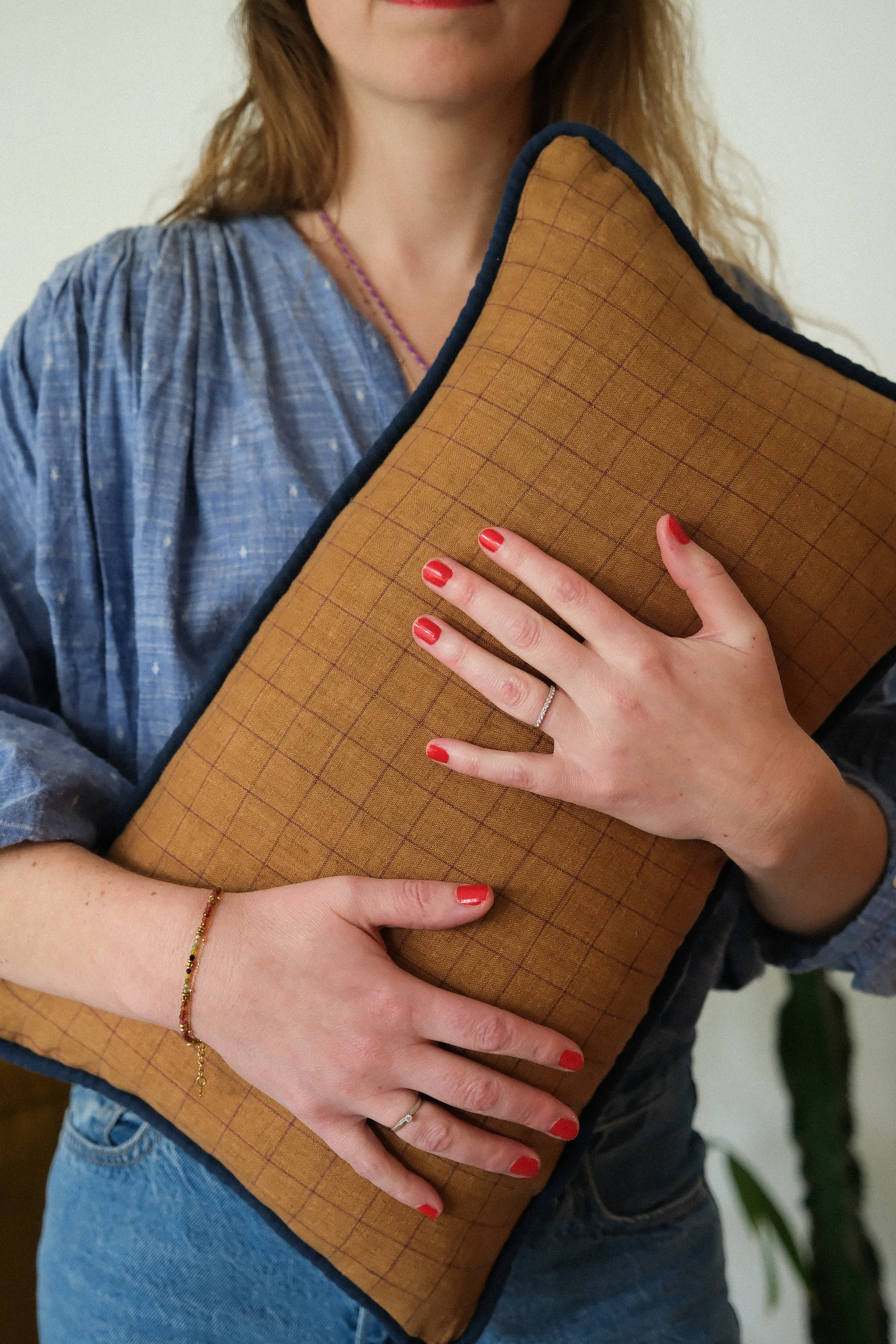 coussin rectangle carreau ocre lin