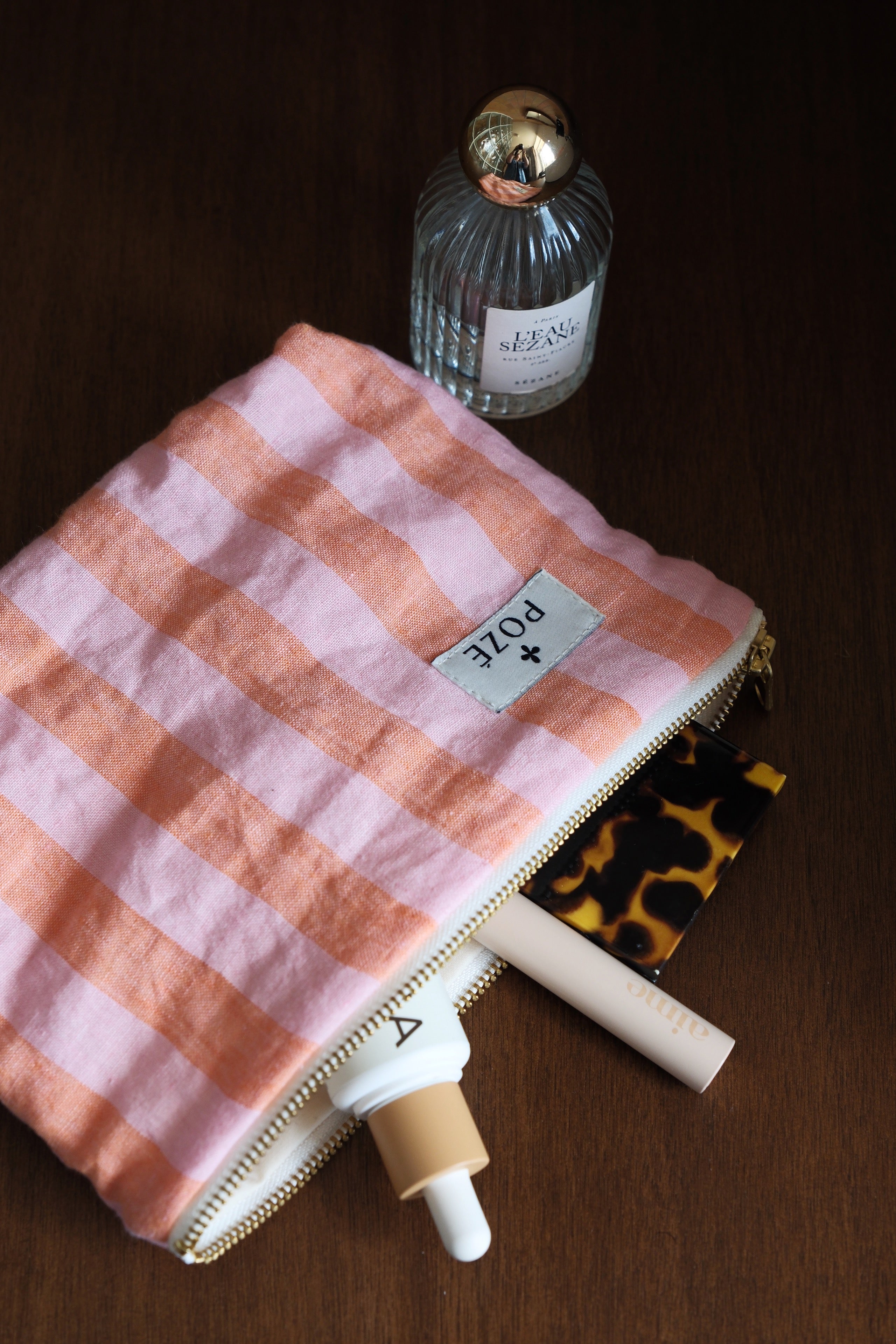 Pochette en lin rayée rose
