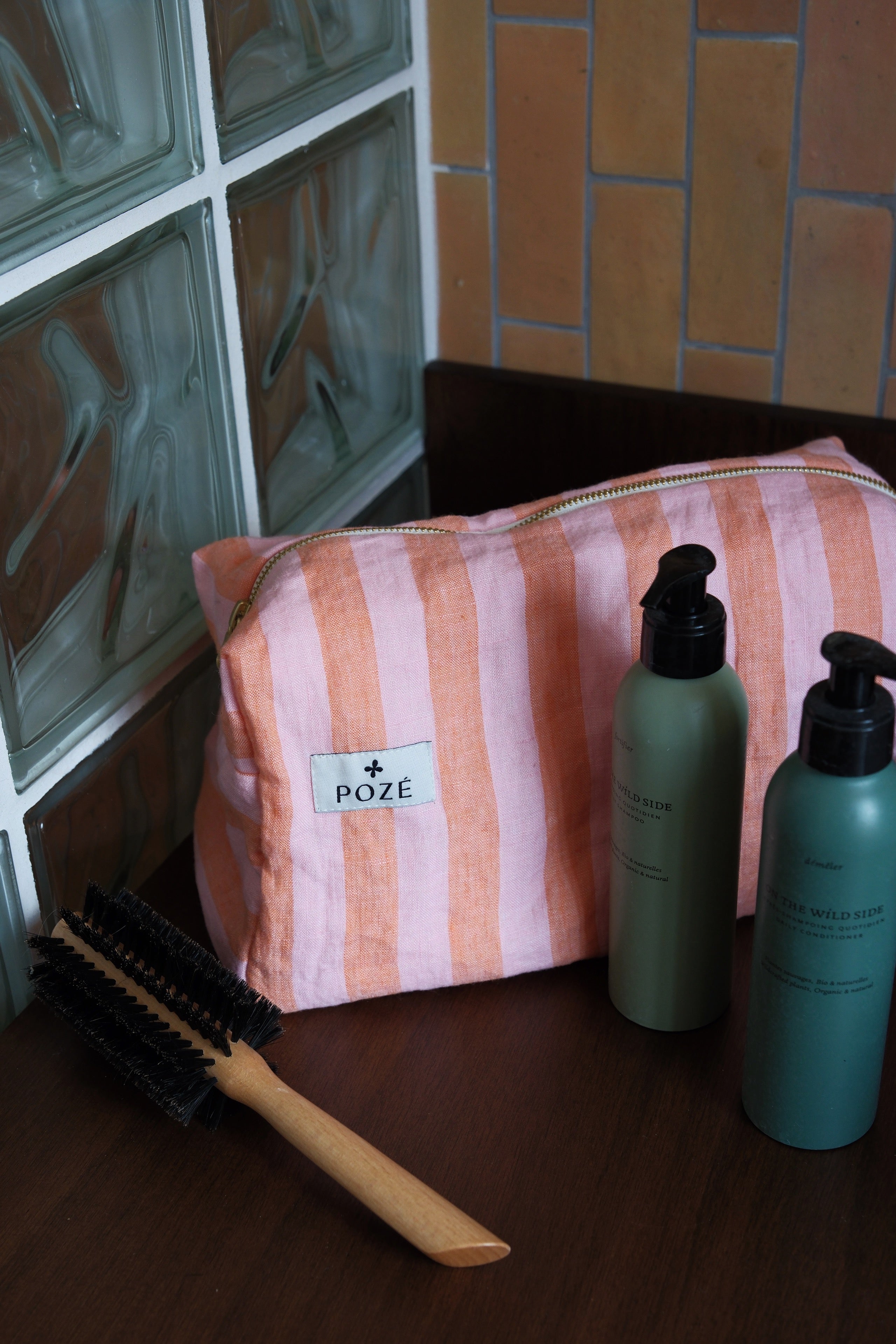 Trousse de toilette en lin rayée rose et orange