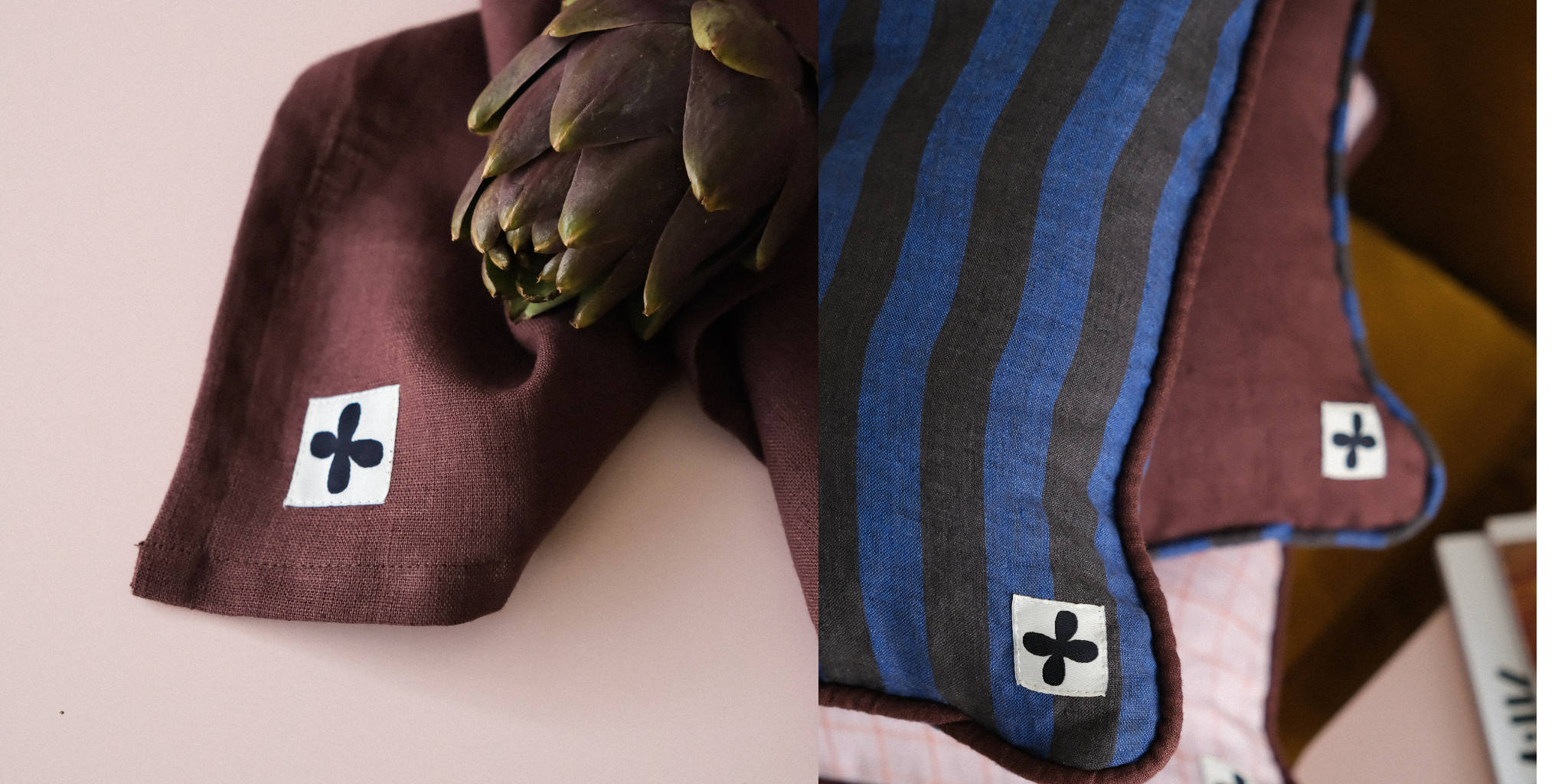 serviette marron coussins rayés bleu et marron